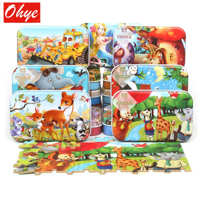 

Premium Size 22.5 * 13cm Wooden Large 60 Piece Iron Box Cartoon Animal Baby Puzzle Child Wooden Educational Toy Girl Boy