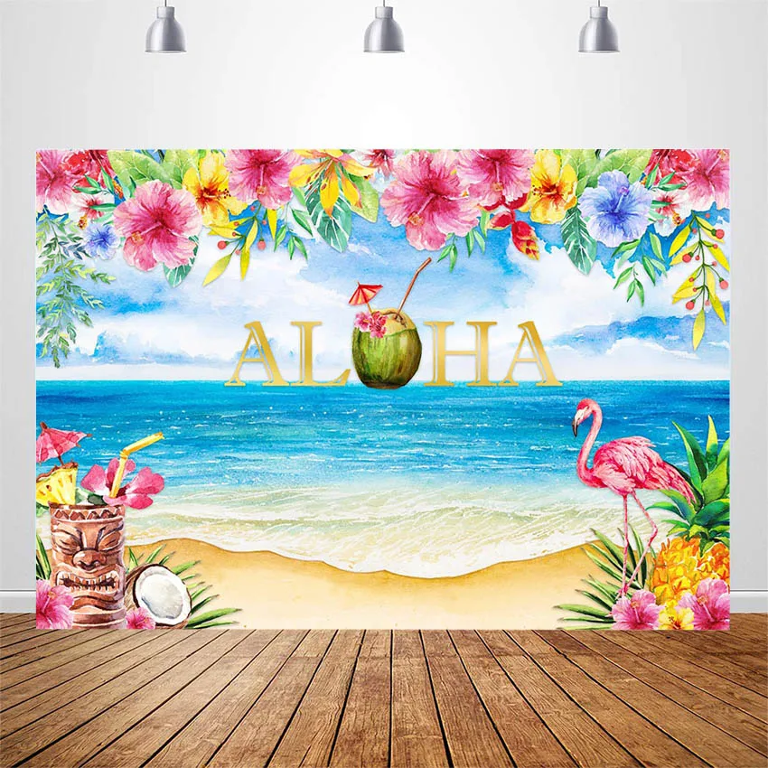 

Aloha Tiki Party Backdrop Hawaii Tropical Flamingo Photography Background Beach Luau Birthday Party Banner Backdrops Photo Booth