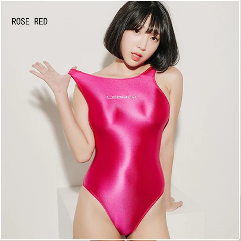 rose Red Hyrax trends, женские сексуальные атласные блестящие колготки, Цельный купальник, высокая вилка, тонкий дизайн, Женский Золотой Шелковый купальник-трико LEOHEX - Цвет: rose Red