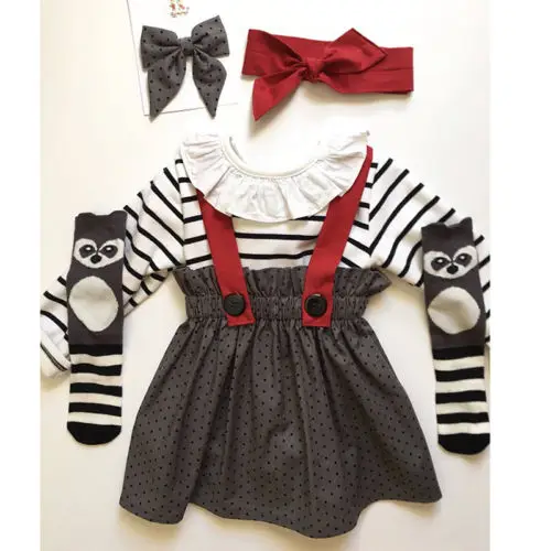 New Kid Girl Long Sleeve Stripe Brace Dress Headband Clothes 2Pcs Newborn Baby Princess Strap Tutu | Детская одежда и обувь