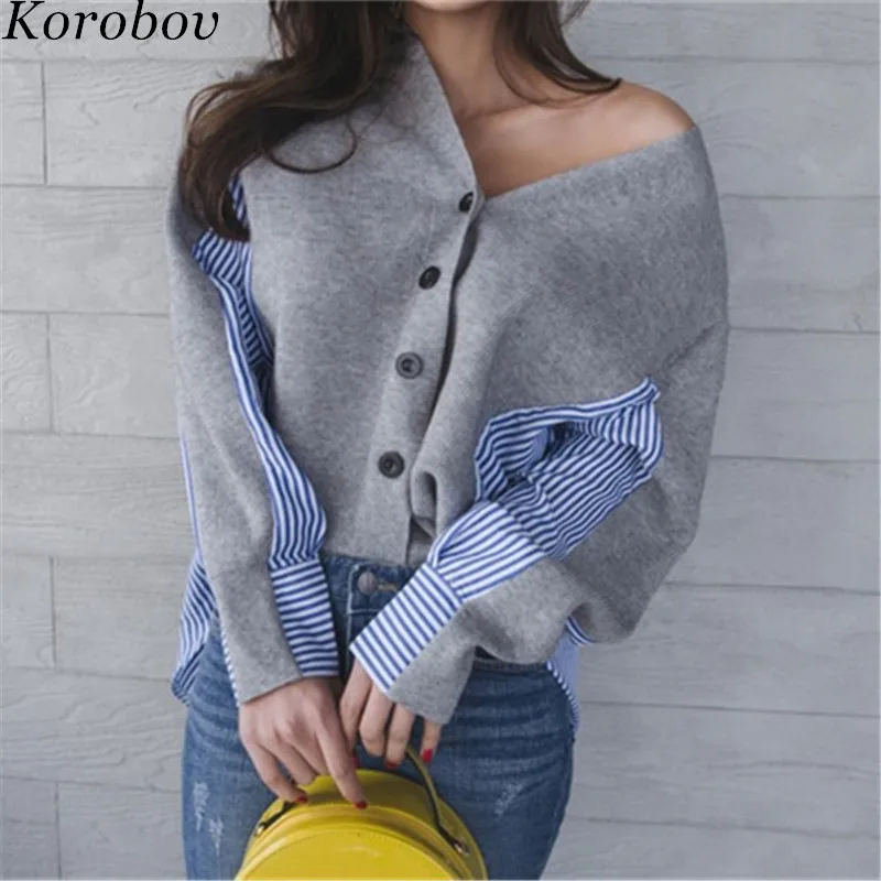 Korobov Korean Women 2019 Sweaters Patchwork V-Neck Female Sweater Long Sleeve Single Breast Cardigan Striped Mujer Sueter 76268 |