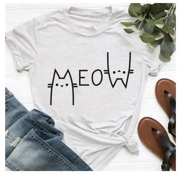 Женская Винтажная Футболка Meow летняя повседневная хлопковая футболка с коротким