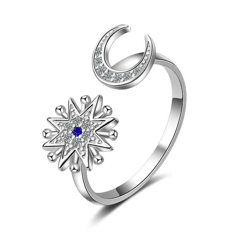 

100% Стерлинговое Серебро 925 пробы с Луной и звездой, блестящее женское кольцо, ювелирное изделие, подарок студенту, открытые кольца на палец, ...