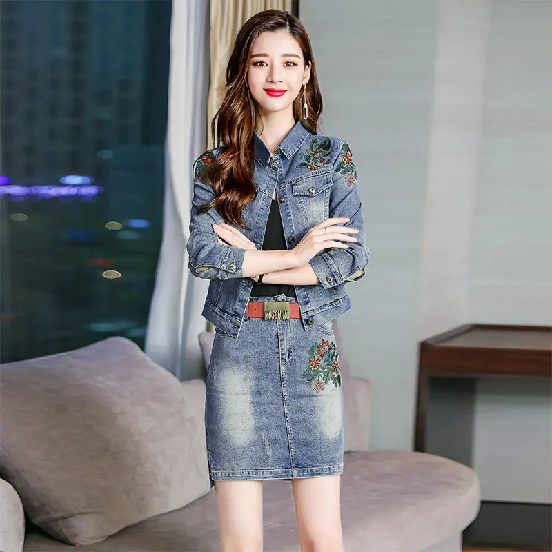 

denim fabric embroidery sets two pieces women jacket mini skirts korean fashion tops hot skirts spring/autumn cowboy women sets