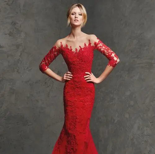 Новый Элегантный 3/4 Рукава Свадебные Платья Красные Кружевные Русалка