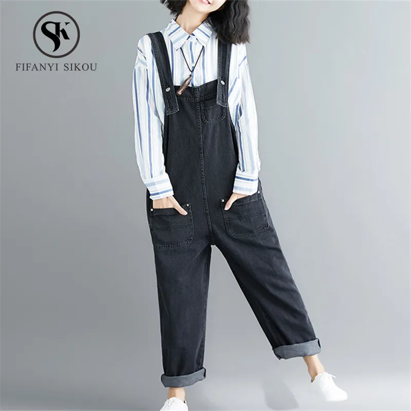 Женский джинсовый комбинезон повседневный свободный рваный из денима длинный
