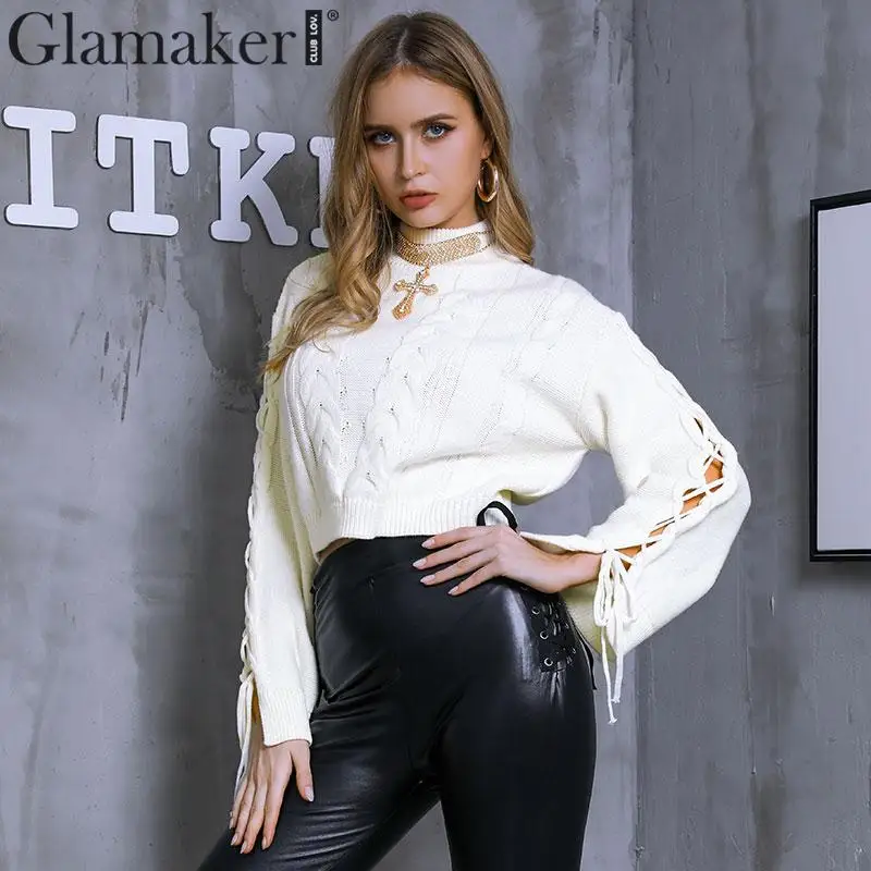 Женский трикотажный свитер Glamaker белый с рукавами фонариками и высоким воротом на