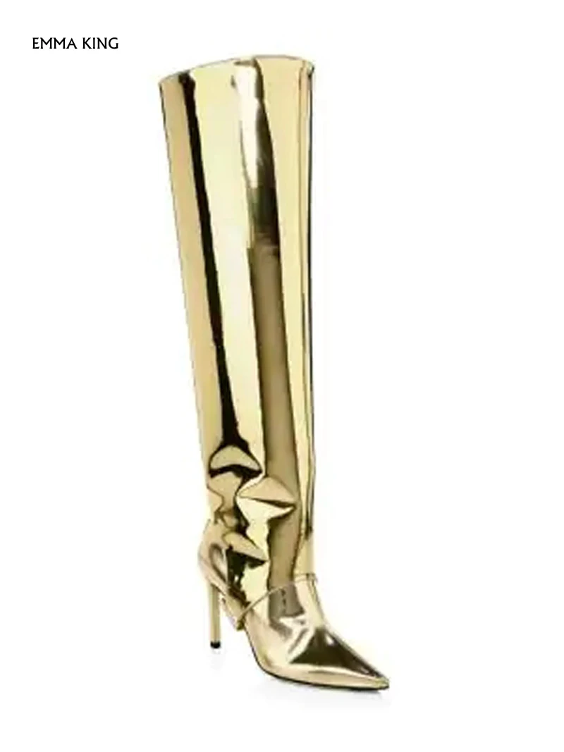 Functional Gold Liquid Mirror PU Two-Piece Knee High Boots Beautifully Crafted in two Parts Ankle Booties Detachable Leg Piece | Обувь