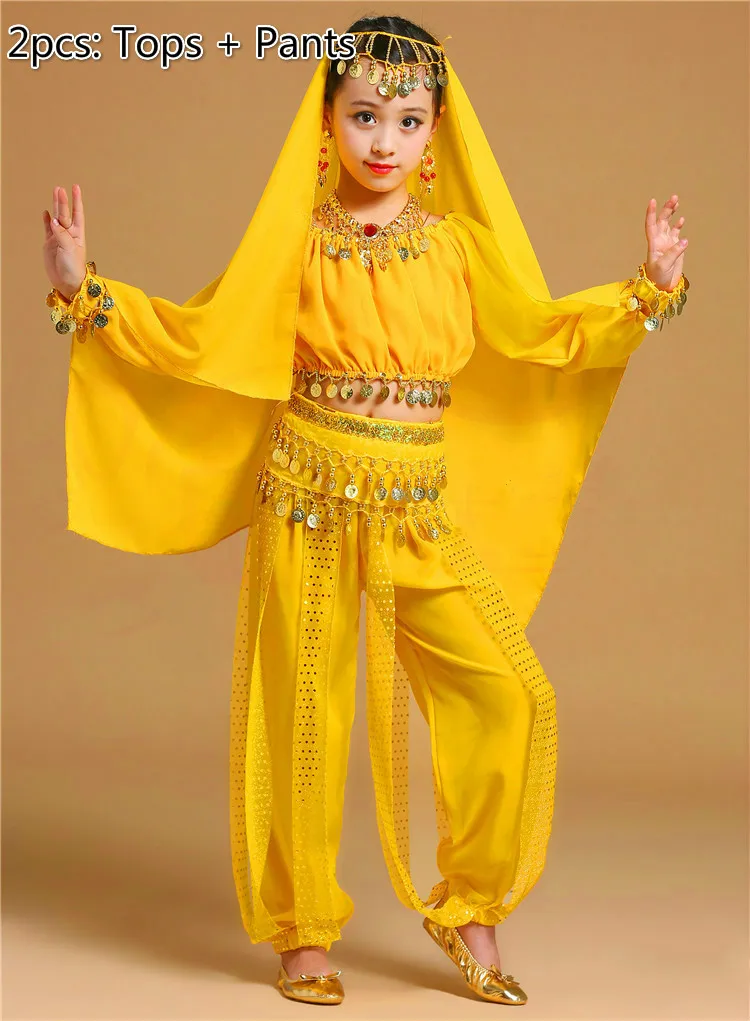 2pcs yellow Дети живота танцевальные костюмы для девушек индийский танец этап платье для сцены с длинным рукавом Восточная одежда детей болливудские танцы - Цвет: 2pcs yellow
