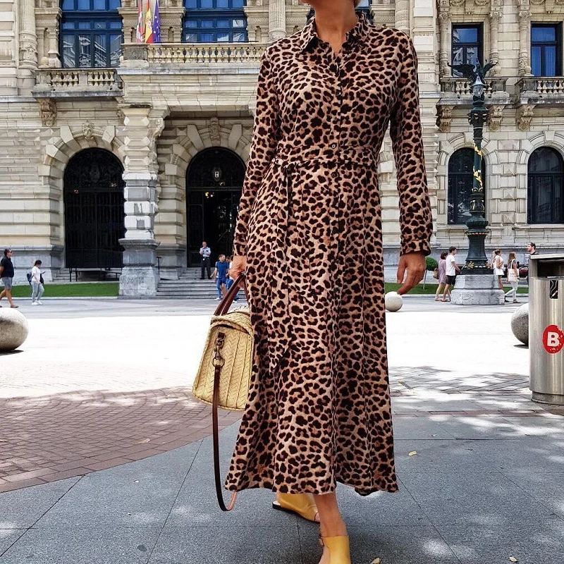 Сексуальное платье с леопардовым принтом на осень и зиму женское длинным рукавом