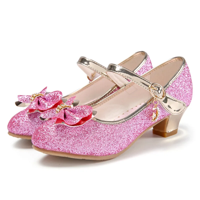 Туфли лодочки с блестками и бантом на низком каблуке|kids mary janes|children dress shoesgirls kids shoes