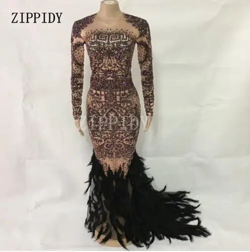 Модное блестящее платье AB Стразы с перьями и блестящими камнями в пол костюм для