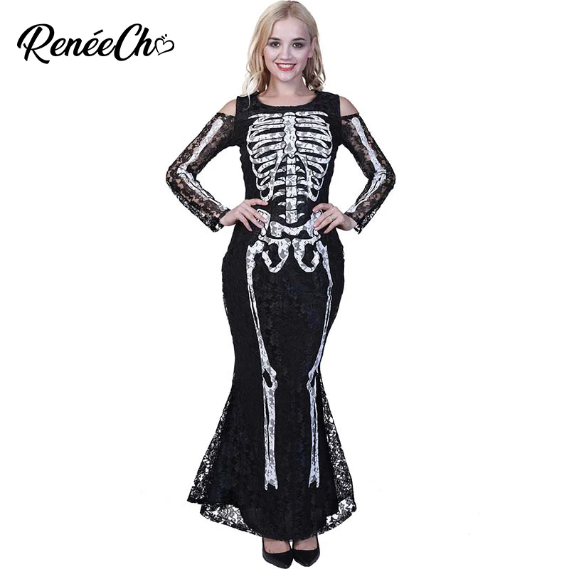 

Halloween Costume For Women Bone Appetit Skeleton Long Dress Costume Off The Shoulder Black Female Halloween Dress Cosplay Women