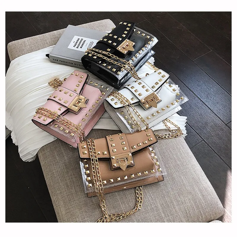 Small Clear Brand Designer Woman 2019 New Fashion Girl Messenger Bag Chains Shoulder Female Rivets Transparent Square PU | Багаж и сумки