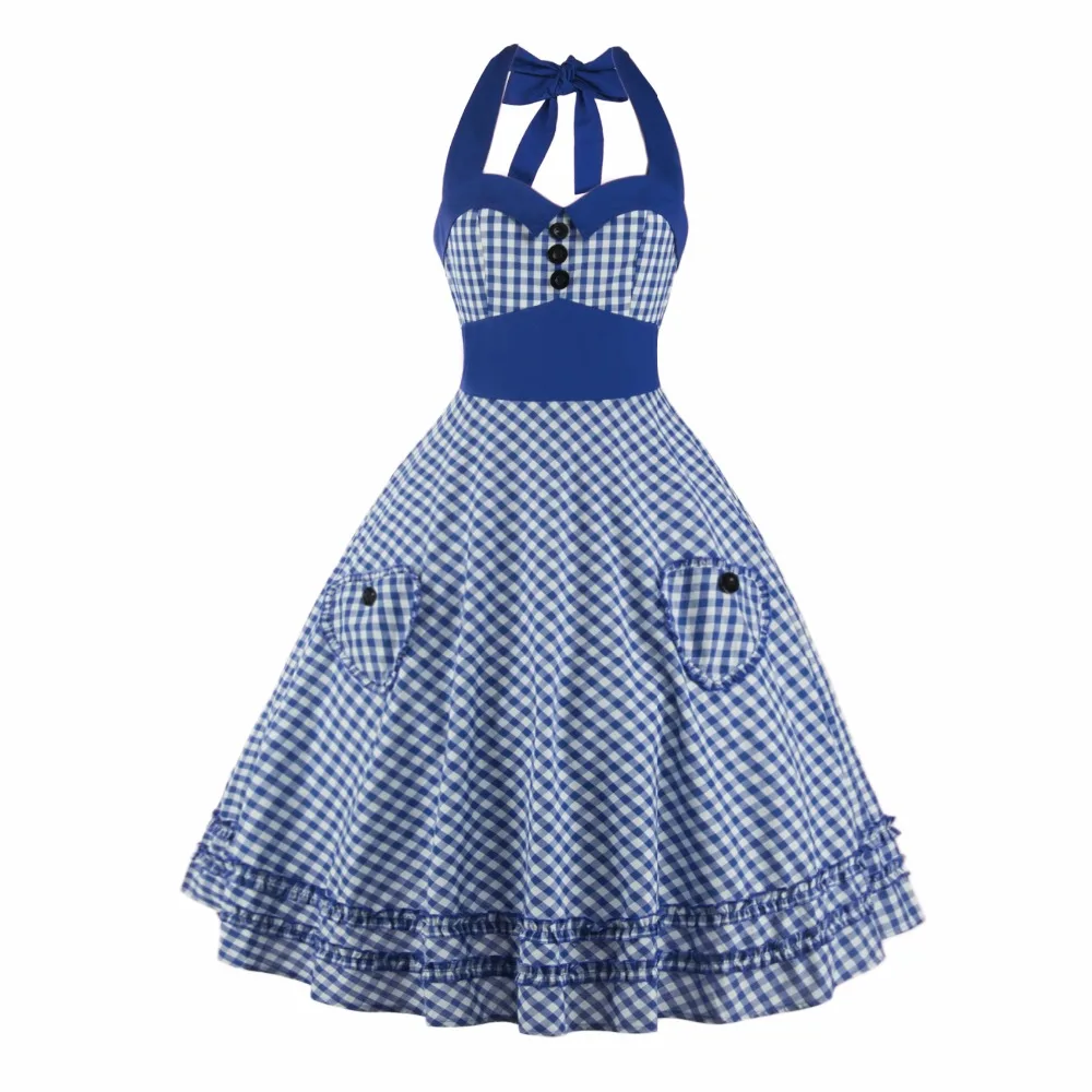 Женское винтажное платье в клетку Audrey Hepburn лоскутное с лямкой на шее повседневное