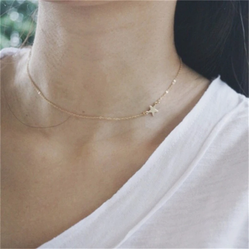 Изящное боковое крошечная звезда ожерелье. Элегантные темпераментные женские