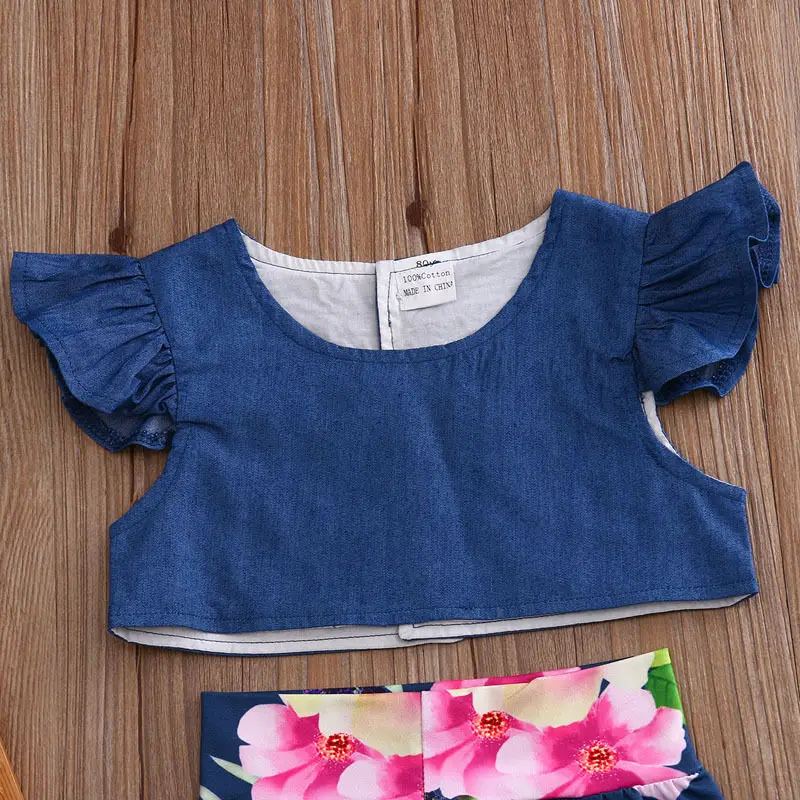 2017 г. комплект летней милой одежды для маленьких девочек топ из джинсовой ткани с