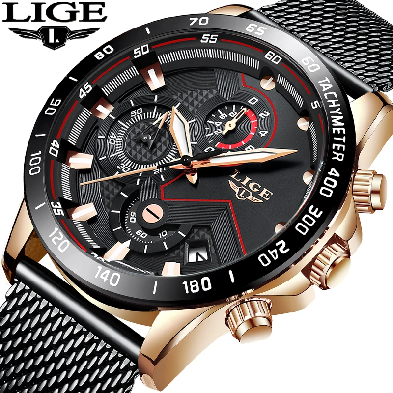 

Часы наручные LIGE Мужские кварцевые из нержавеющей стали, многофункциональные спортивные с хронографом, датой и сетчатым браслетом