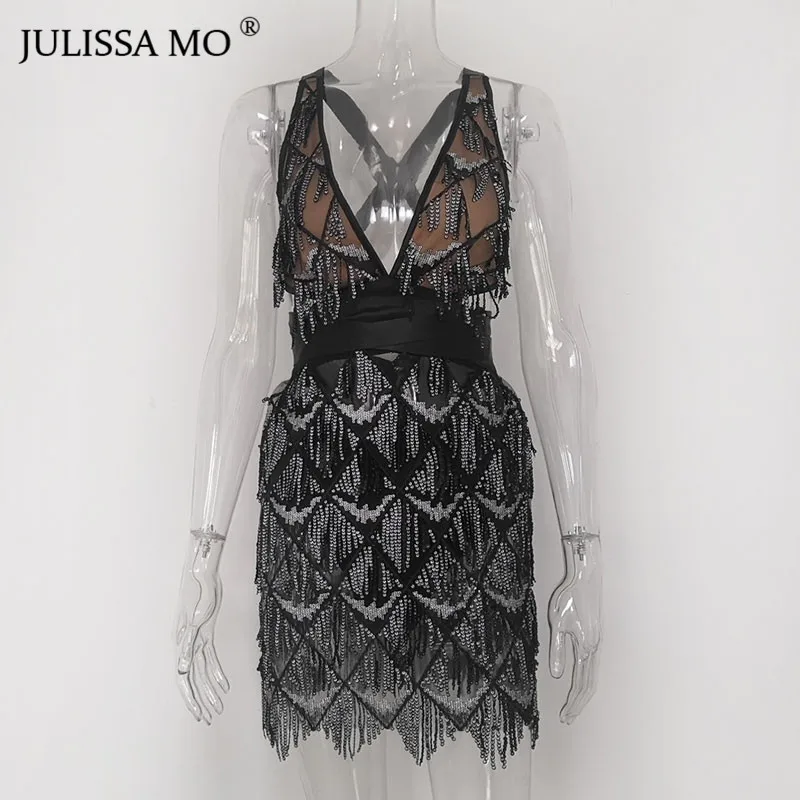 Черный Julissa mo, серебристое Бандажное облегающее платье с блестками, женское сексуальное мини-платье с открытой спиной,, вечернее платье с кисточками знаменитостей vestidos - Цвет: Черный