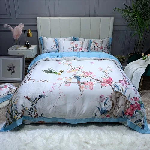bedding set 7 Набор постельного белья из Тенсел-лиоцелла с рисунком птиц и цветов, 4 шт., мягчайший шелковистый дышащий пододеяльник для нежного сна, размер queen King - Цвет: bedding set 7