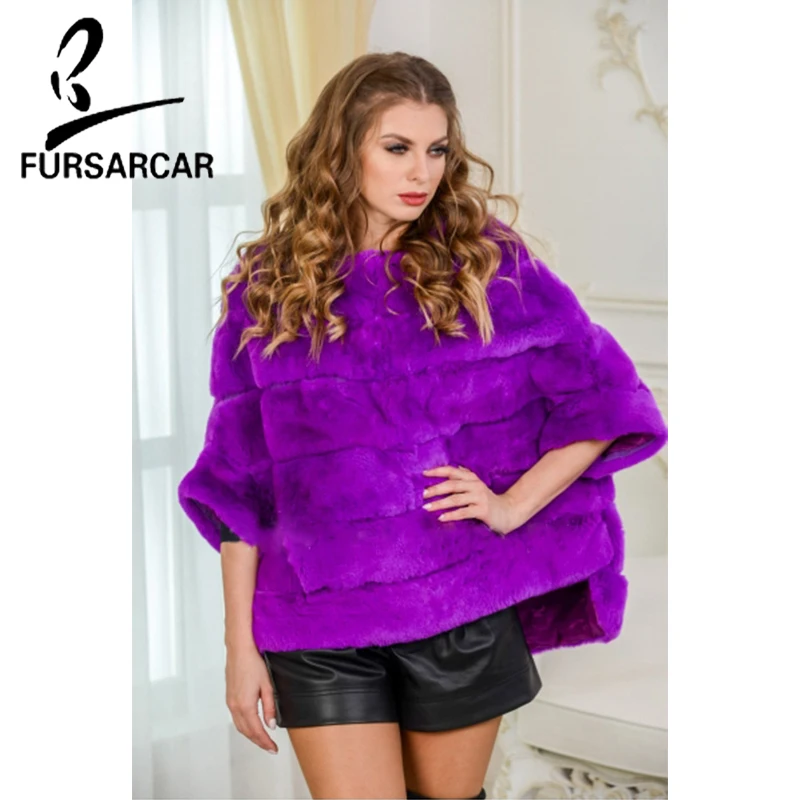 FURSARCAR Real Fur Coat Female Rabbit Fur Coat Women's Bat sleeved Fur Jackets 2021 Rose Winter Natural Rex Rabbit Ponchos