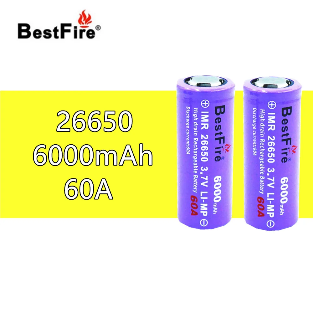 2 шт. BESTFIRE IMR 26650 6000 мАч 60A плоский верх перезаряжаемый литиевый аккумулятор для ECIG