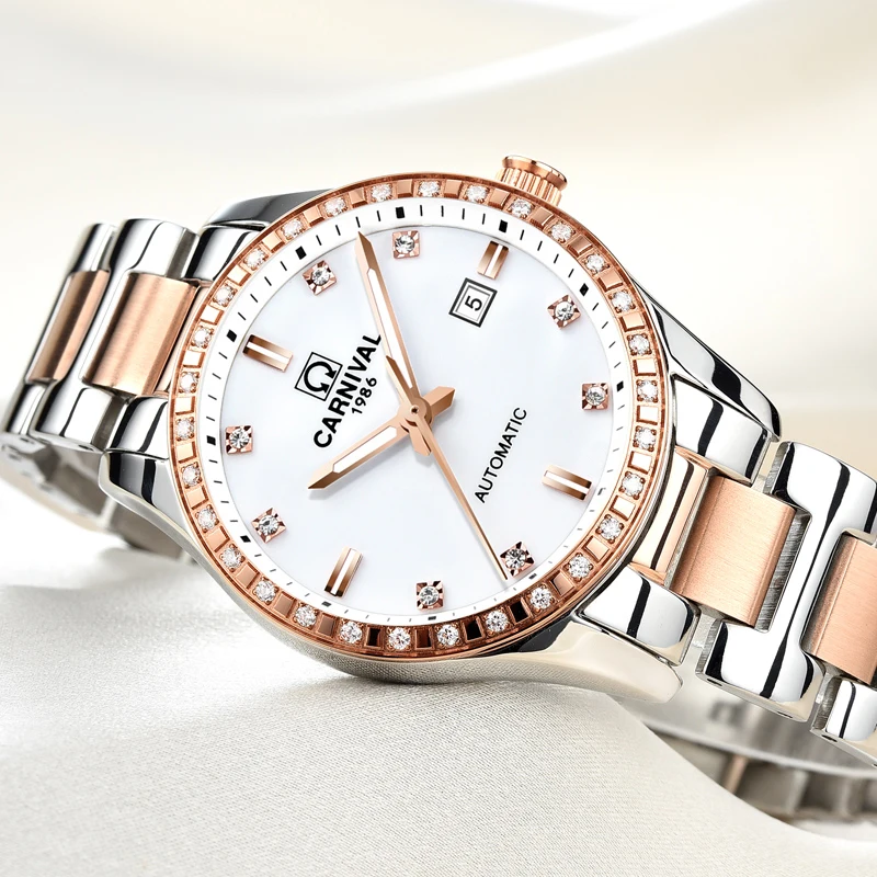 

Romantic Rose Gold Topbrand Carnival Womens Watches Topbrand Luxury Automatic Mechanical Fashion Waterproof Diamond Shell Dial
