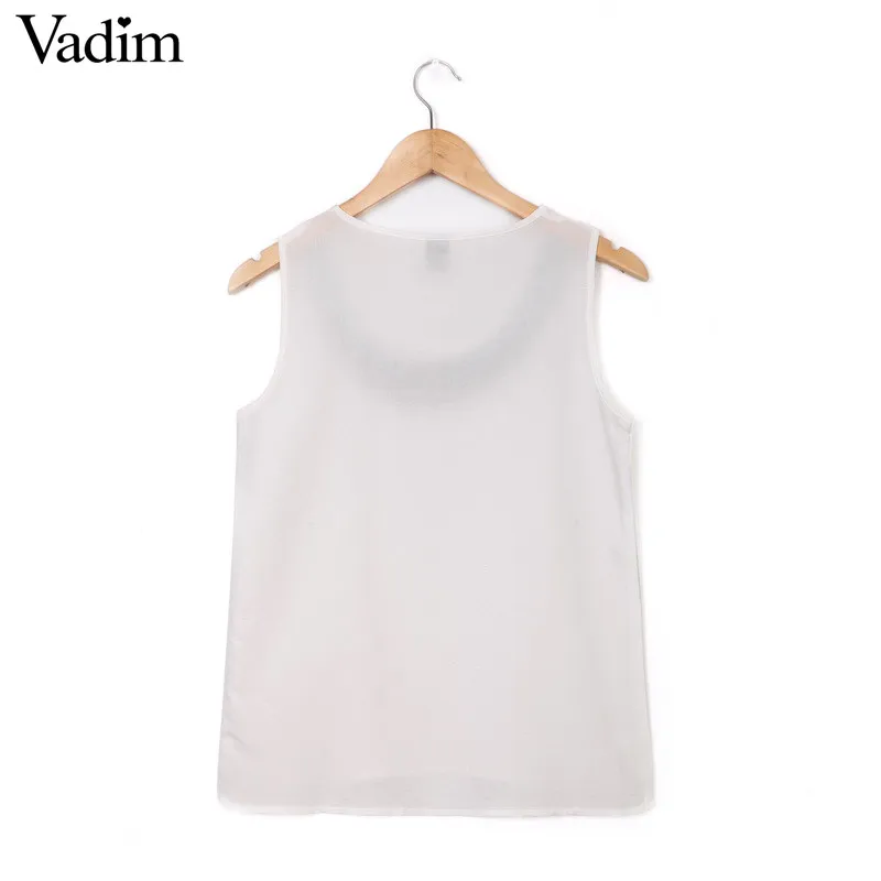 Vadim New Fashion Ladies' white Embroidery blouses sweet vintage brief O neck sleeveless shirt casual slim brand top WT75 |