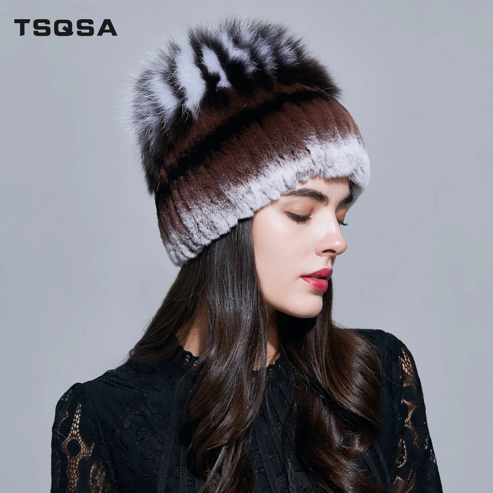TSQSA Реальный Рекс Кролика Меха С Лисой Мех Трикотажные Шапки Женские Зимние