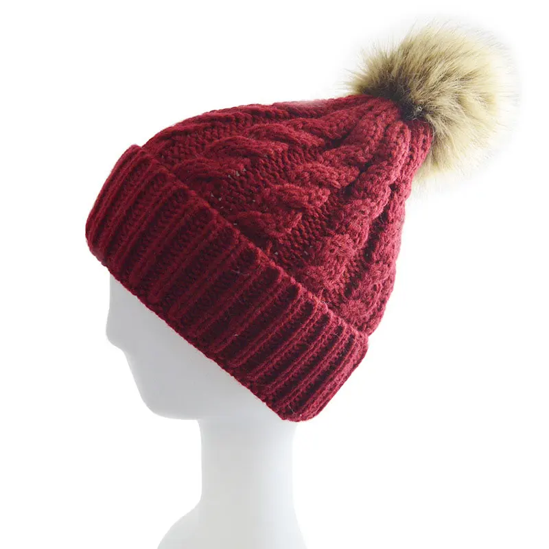 Искусственный мех pom beanie шапка для Для женщин кабель вязаная зимняя Шапки женский Кепки теплые Skullies gorros черного цвета, цвета красного вина Tan Бледно-розовый - Цвет: dark red