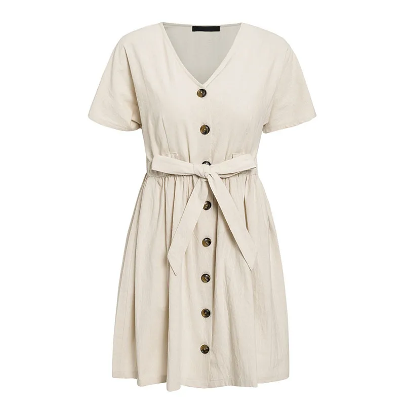 Платье мини из хлопка и льна с V образным вырезом коротким рукавом|Женские платья|