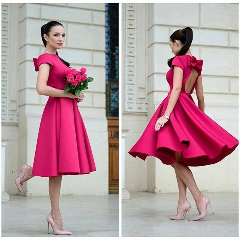 Коктейльное платье цвета фуксии с рукавом крылышком и открытой спиной|cap sleeve formal