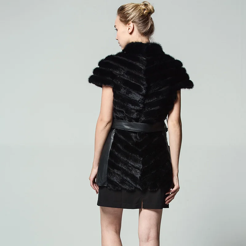 QIUSIDUN 2017 New Style Real Mink Fur Vest fashion Belted Winter Female Fur Coat Sleeveless Round Neck Russia Big Size 6XL BLACK