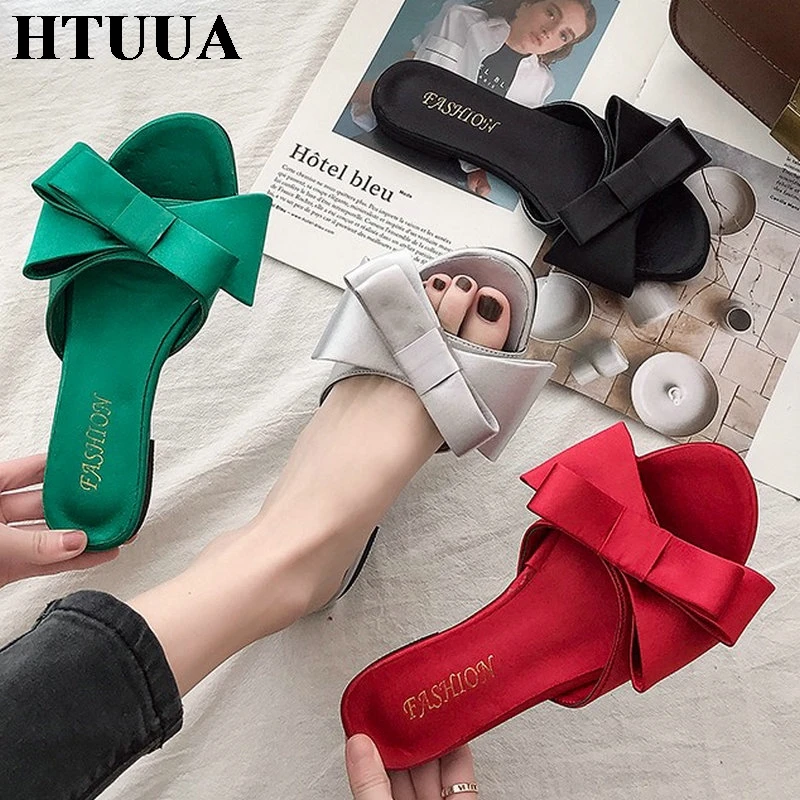 HTUUA/2019 г. Корейские модные атласные тапочки с большим бантом женская обувь