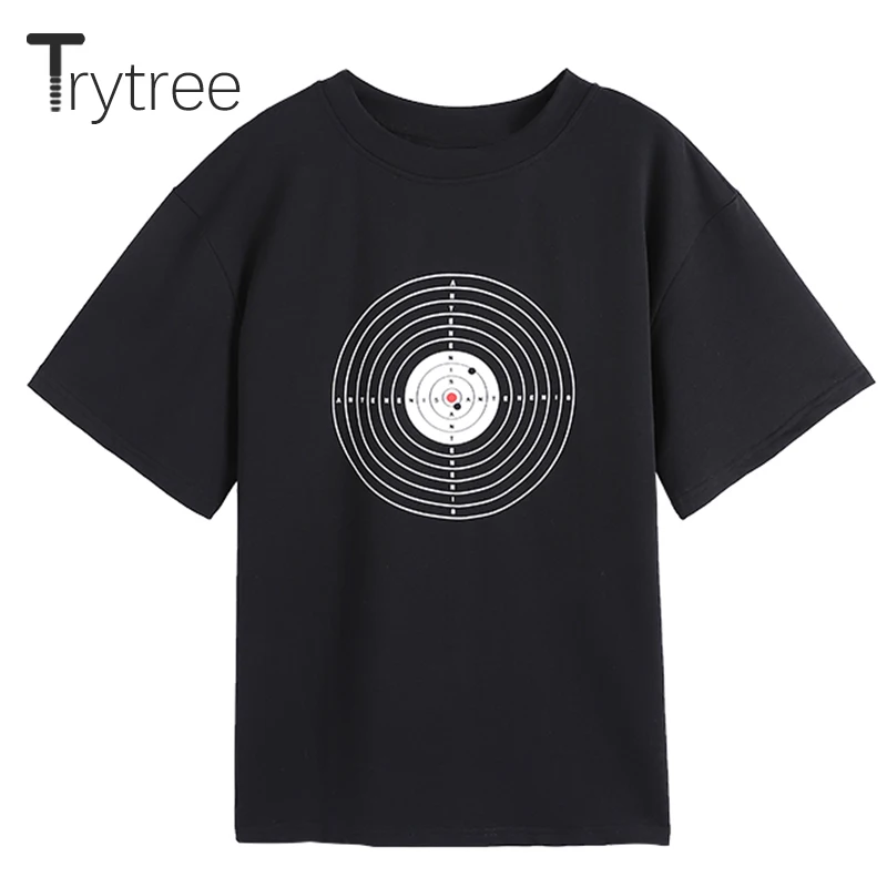 

Летняя Повседневная Женская Черная Футболка Trytree, Женский Топ, хлопковая модная футболка с рисунком кольца, универсальная стильная женская ...