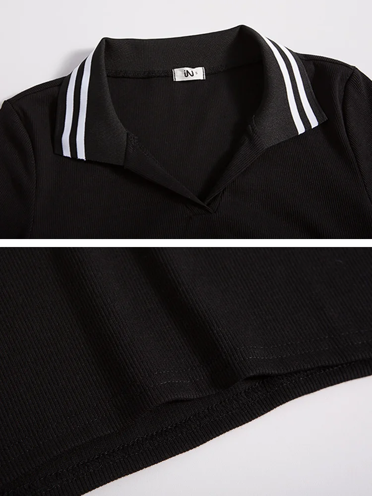 Элегантный дизайн женское платье Лето Polo Neck короткий рукав черный сарафан А-силуэта мини-платья Женская одежда GQZ19021