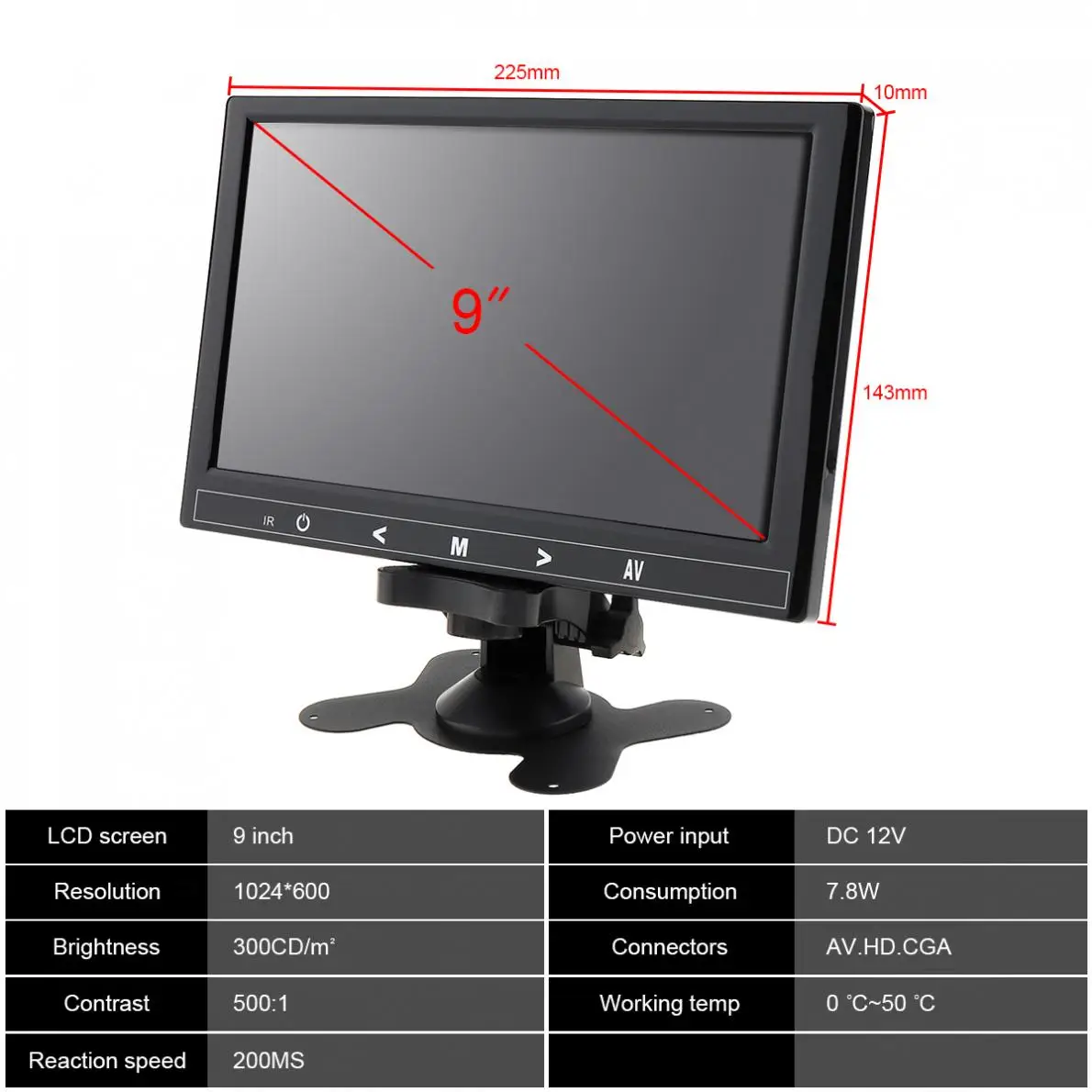 9 дюймов 16:9 HD 1024*600 TFT LCD монитор заднего вида автомобиля 2 видео вход DVD VCD
