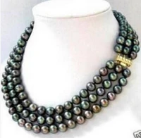 free shipping 3 row 7 8mm black akoya pearl necklace 17 19