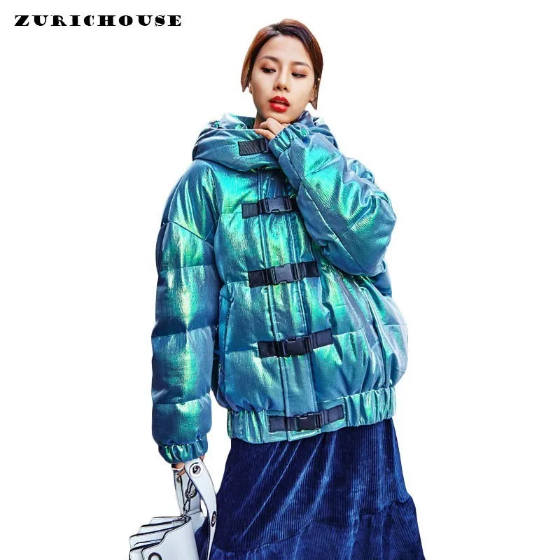 ZURICHOUSE Лазерная зимняя куртка для женщин с капюшоном пуховая стеганая парка женский уличный стиль яркий металлический зеленый верхняя одежда зимние пальто