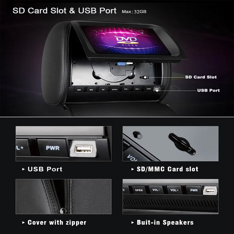 Caroad 2PCS 9 Inch Car Headrest Monitor DVD Video Player 800x480 Zipper Cover TFT LCD Screen With IR FM USB SD Speaker Game | Автомобили и