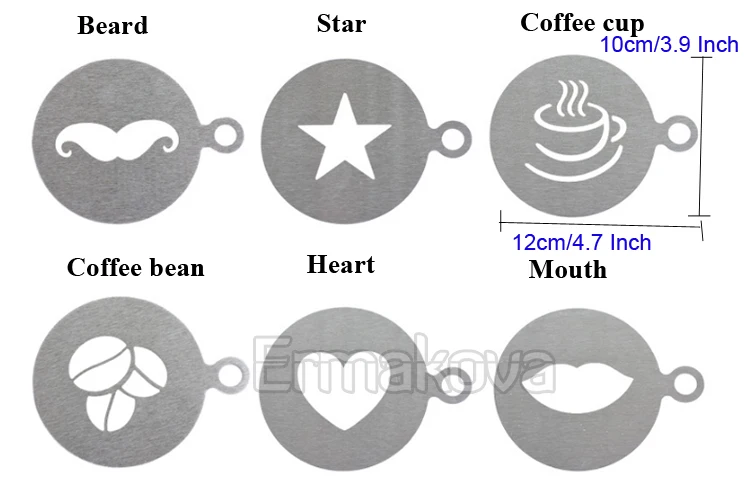 ERMAKOVA 6 шт./партия трафарет для кофе из нержавеющей стали для приготовления латте художественная форма шаблон шоколадный капучино баристатол