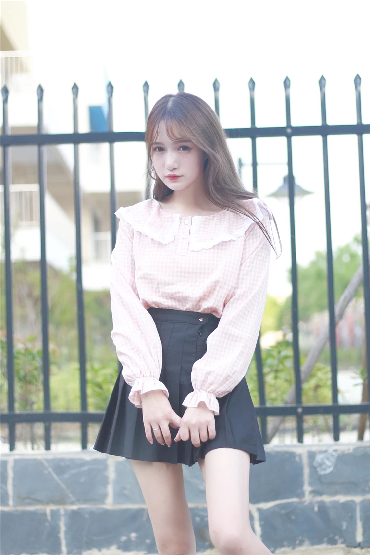 2017 Новый Прибыл Женщины Хлопок Питер Пэн Воротник Клетчатой Рубашке