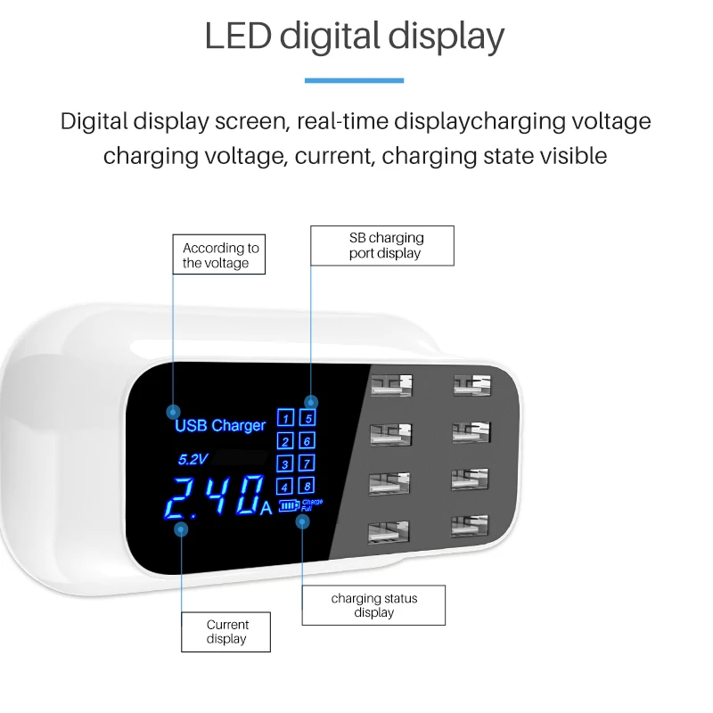 8 портов USB Quick Charge 3,0 адаптер Smart type C зарядная станция светодиодный дисплей Быстрая Зарядка телефона для iPhone для Redmi samsung