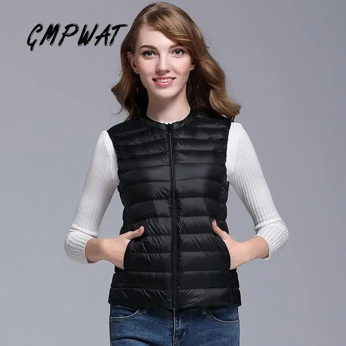 GMPWAT New Autumn Women White Duck Down Vest Ultra Light Jacket Winter Round Collar Peter Pan Slim Sleeveless Coat | Женская одежда