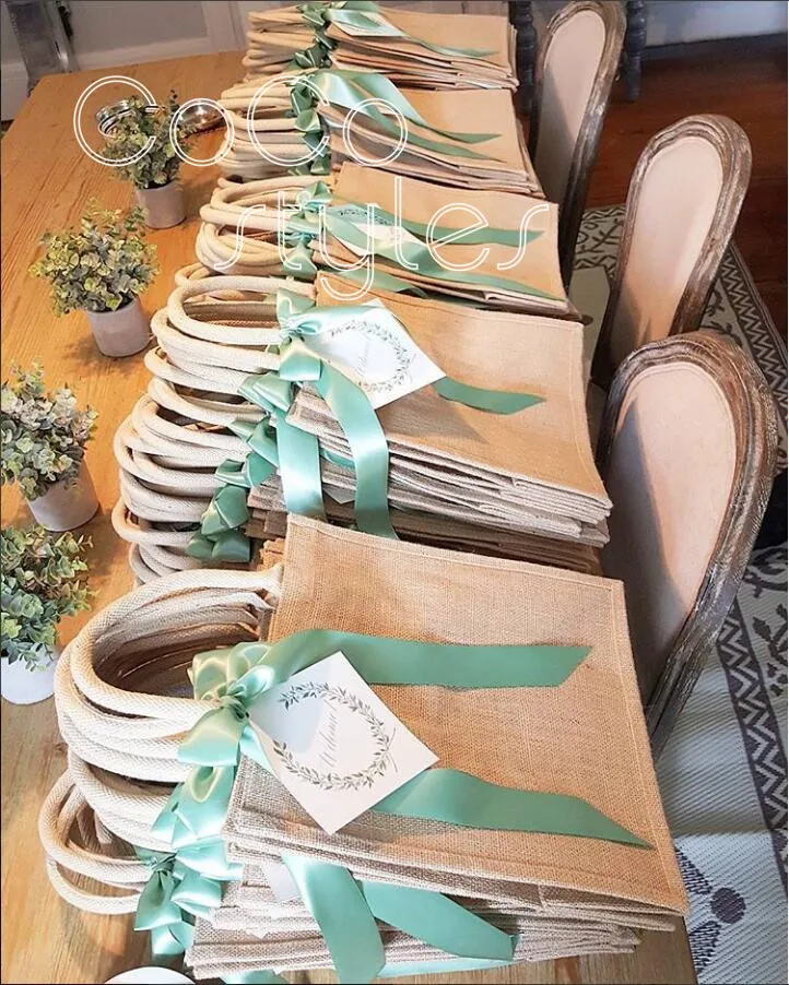 Cocostyles custom rustic hand made gunny bag with peak green ribbon for lawn wedding souvenir gift | Дом и сад