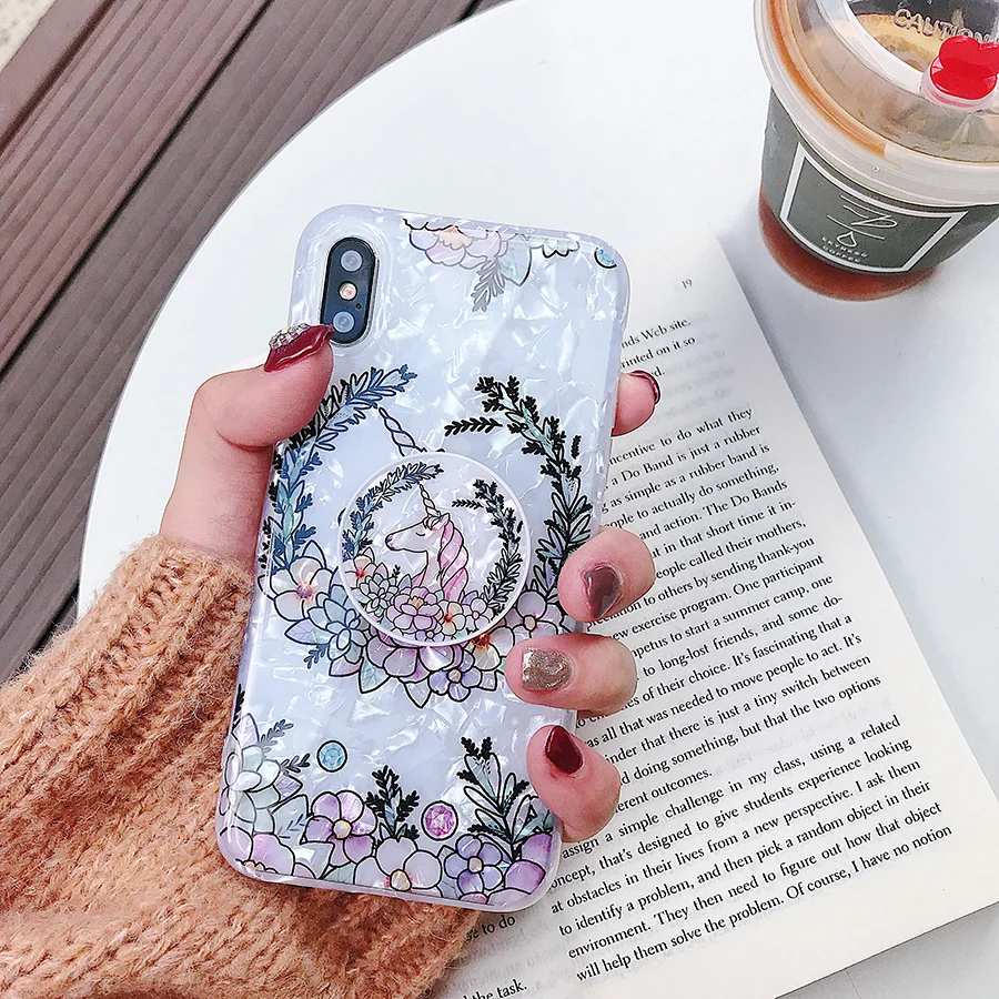 Lovely Unicorn Flower Case For iPhone X XR Max 7 6 6S 8 Plus Soft Cartoon Cute Bracket Colorful Floral Phone Cases Cover | Мобильные