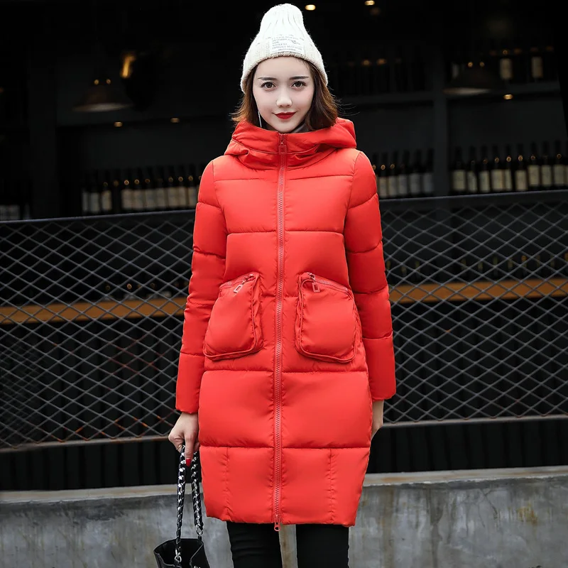 Женские теплые однотонные парки с большими карманами и капюшоном модные