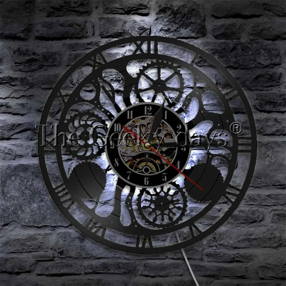 

Gears and Cogs Wall Clock Cogwheels Science Art Artificial Intelligence Led Steampunk Night Light Vinyl Clock