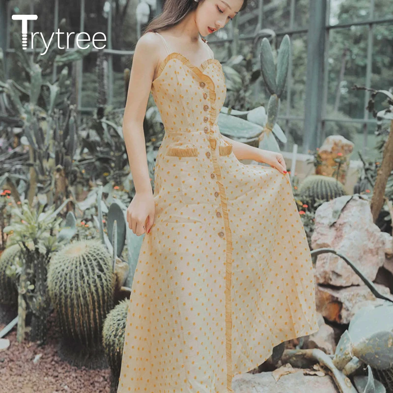 Trytree летнее женское платье повседневное в горошек с оборками женская рубашка без