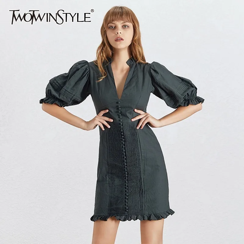TWOTWINSTYLE винтажное однотонное женское платье с v образным вырезом и пышными